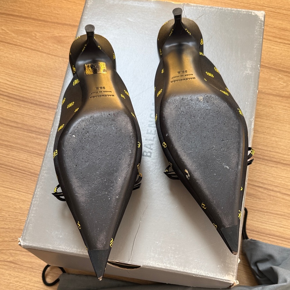 Balenciaga Knife Kitten-heel Mules In Logo-print Black Satin, size 39.5 - Picture 2 of 6
